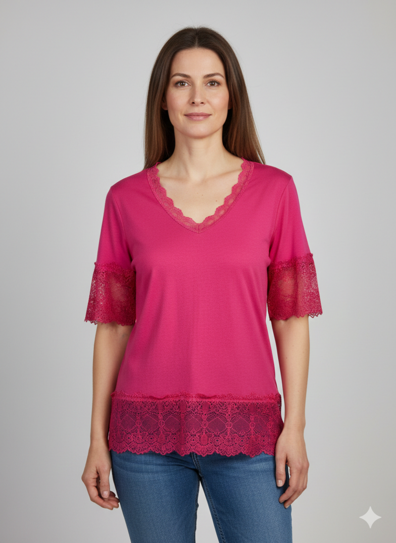 Chica London Blake Kortärmad Topp med Spets Dam Cerise CARAMELLE FASHION
