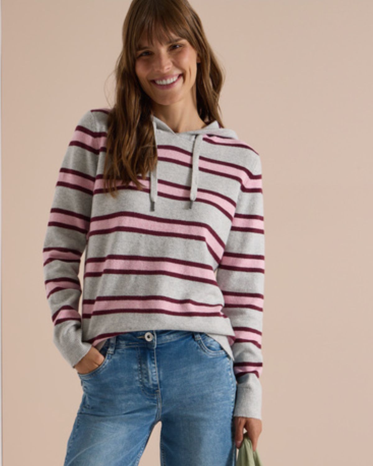 Elivra Randig Hoodie Dam Ljusgrå Light Grey Mel | Smilebutiken - Cecil