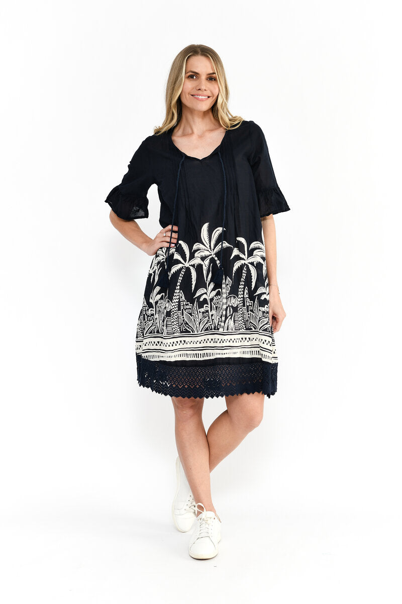 Hannah Short Dress 1 Women Mono Border Navy | Smilebutiken - One Summer