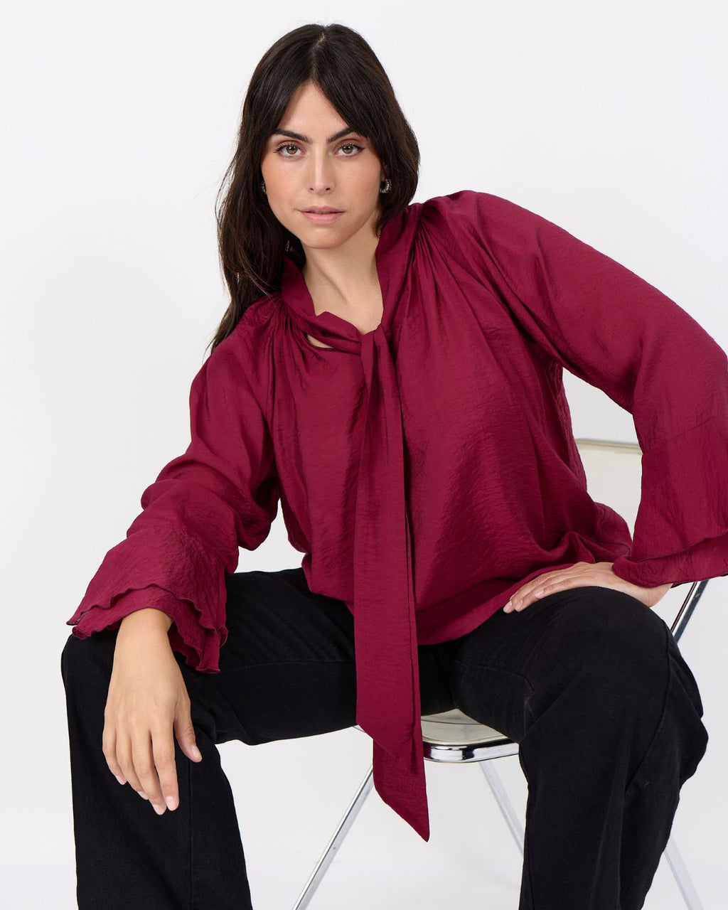 Judit 4 Blus med knyt Dam Vinröd Rhododendron | Smilebutiken - Wasabiconcept