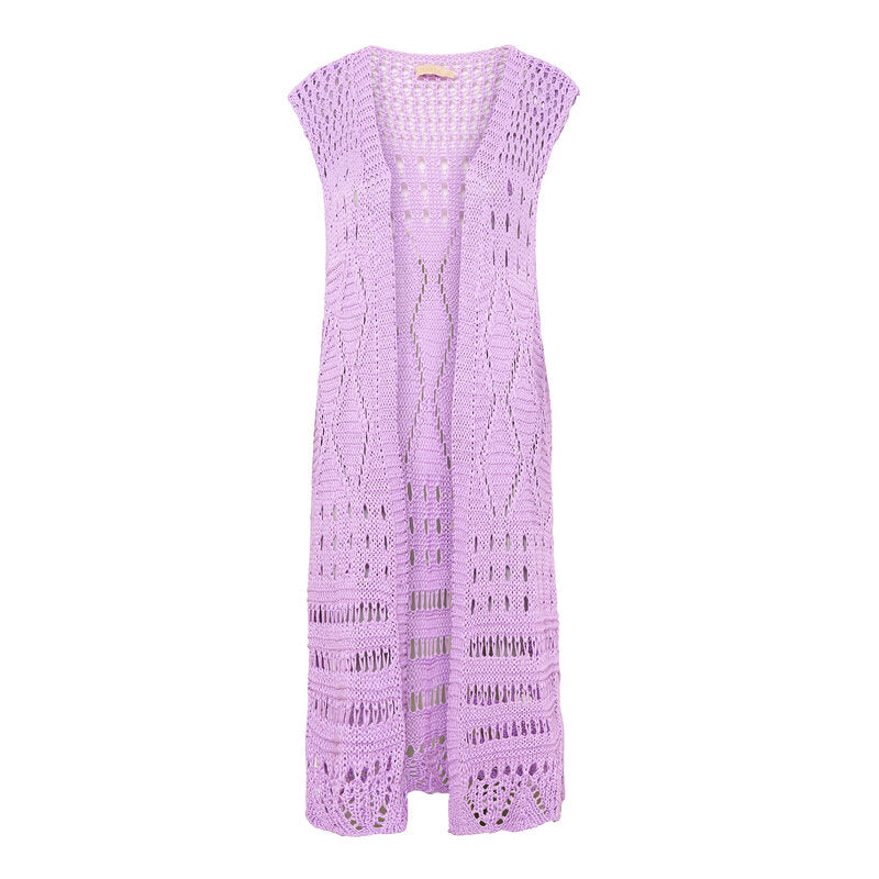 Eline Crocheted Long Vest Women Plain Lilac Marta du Chateau