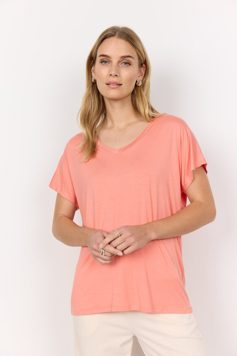 Marica V-ringad T-shirt Dam Peach Pink Soyaconcept